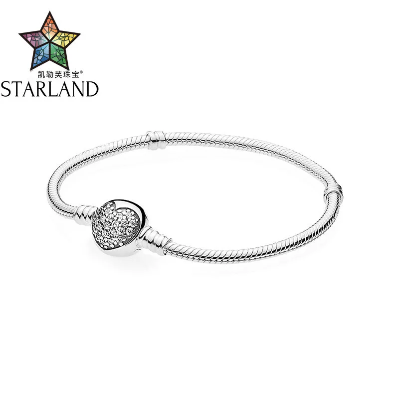

Starland Fine Sterling Silver 925 Snake Chain Pave Setting CZ Heart Charm Bracelet & Bangle Fit Original brand Jewelry 16cm-20cm