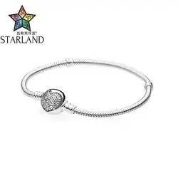 Starland Fine Sterling Silver 925 змеиная цепь Pave Setting CZ сердце Шарм браслет и браслет подходит оригинальный бренд ювелирных изделий 16 см-20 см