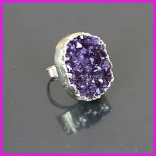 1PC Popular Amethyst Crystal Round Gem Stone Charm Finger Ring Druzy Ring Charm Women Jewelry