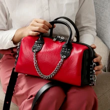 WOONAM Женская Новая мода Топ зерна натуральной телячьей кожи сумка шпильки цепи контрастный цвет Топ Ручка Бостонская сумка WB687