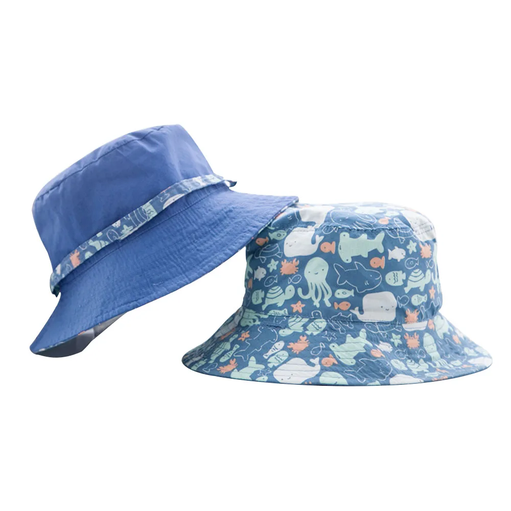 3Octopus Baby Boys Sun Bucket Hat Reversible Fisherman's Basin Cap Cotton Breathable Bonnet with Chinstrap and Marine Animal Pattern
