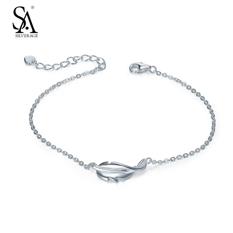 SA SILVERAGE Real 925 Sterling Silver Feather Chain Bracelet For Women 