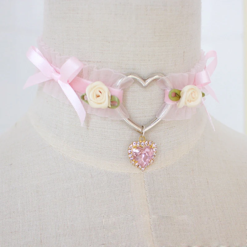 Harajuku Soft Lolita Girl Heart Handmade Bow Rose Retro Necklace Accessories
