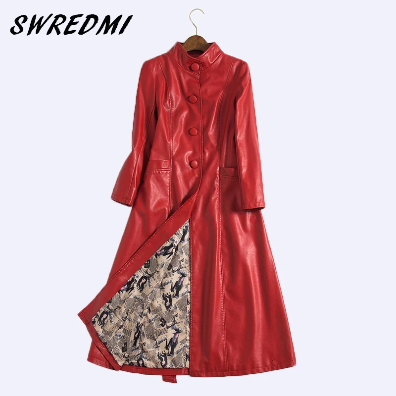 

SWREDMI 2019 Autumn Winter Women Leather Jacket Fashion High-end PU Leather Coats X-long Belted Slim PU Leather Trench Coats