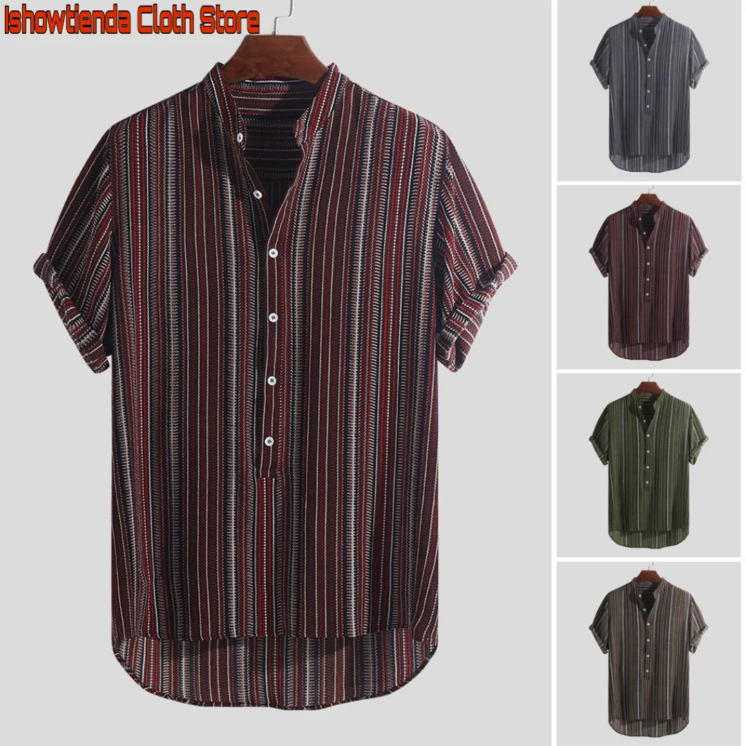 2019 قمصان رجالي الصيف مخطط أزرار يطير تنفس قصيرة الأكمام فضفاضة عارضة هينلي قمصان زائد حجم هيرين Freizeithemd