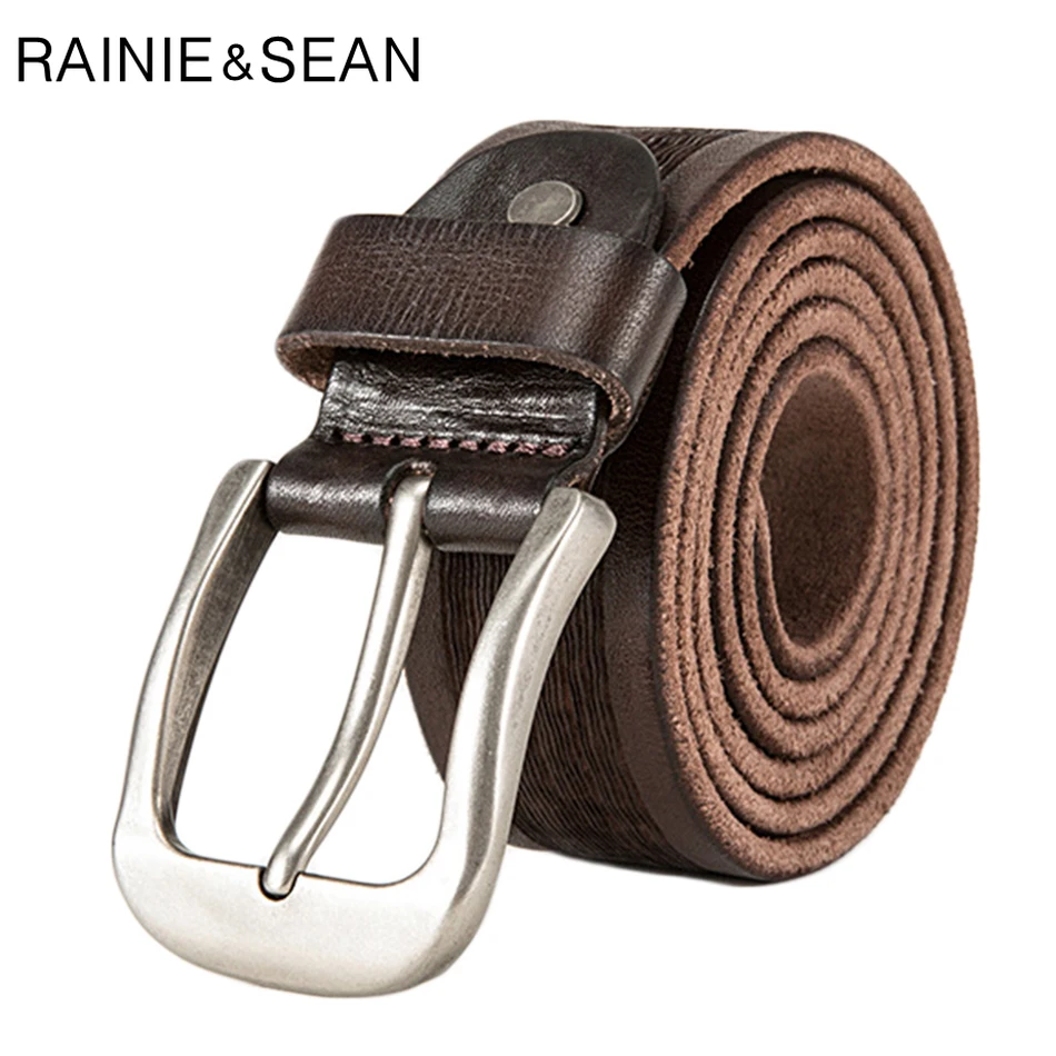 

RAINIE SEAN Brand Belt For Jeans Men Real Leather Accessories Belts Male High Quality Cow Genuine Leather Coffee Pin Buckle Belt