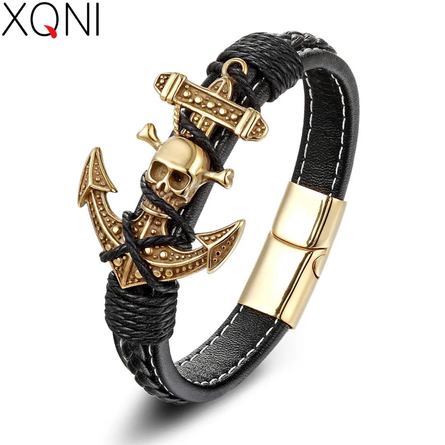 

XQNI 19/21CM Genuine Leather Bracelet Skeleton Anchor Stitching Bundling Bangle For Men Fashion Jewelry pulseiras masculina