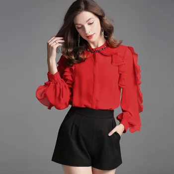 

red chiffon blouse 5xl shirts casual bohemian women's blouses and tops ladies summer haute 2019 fashion top lotus trim loose