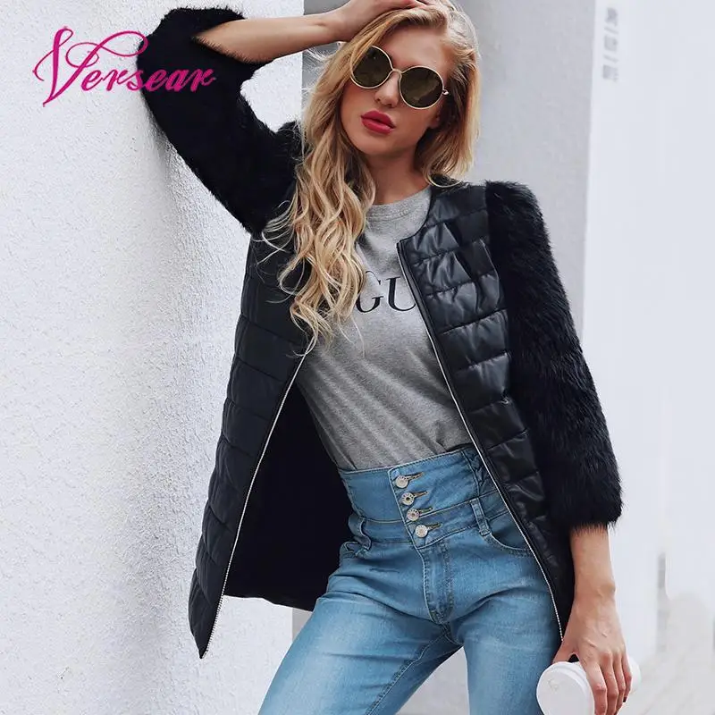 

Versear Faux Fur Coat Jacket Women 2019 Autumn Winter Zipper Front Side Pockets Casual Down Jacket PU Long Overcoat Outwear