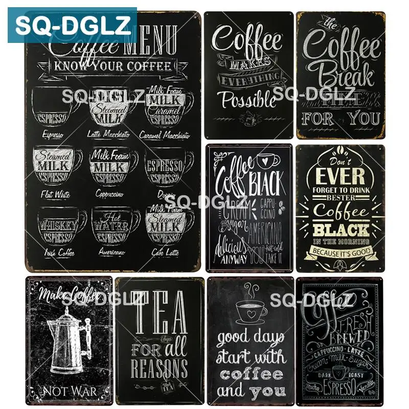 

[SQ-DGLZ] Coffee Menu Metal Sign Coffee Break Wall Decor Coffee Black Tin Sign Painting Plaques Art Poster