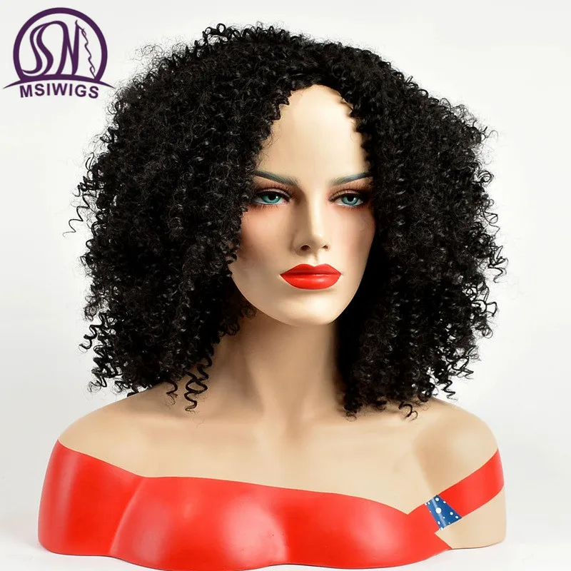 MSIWIGS аккуратные вьющиеся синтетические парики для женщин черный парик с короткими волосами средняя часть парики «афро» из натуральных волос Термостойкое волокно