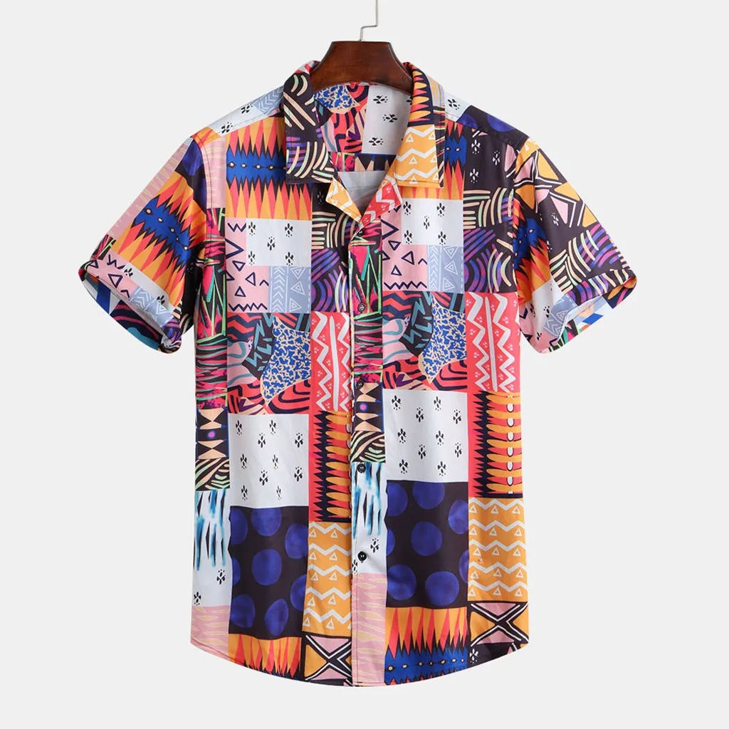 

2019 New Stylish Hot Sale Mens Vintage Ethnic Printed Turn Down Collar Short Sleeve Loose Casual Shirt Top Camicia da uomo caldo