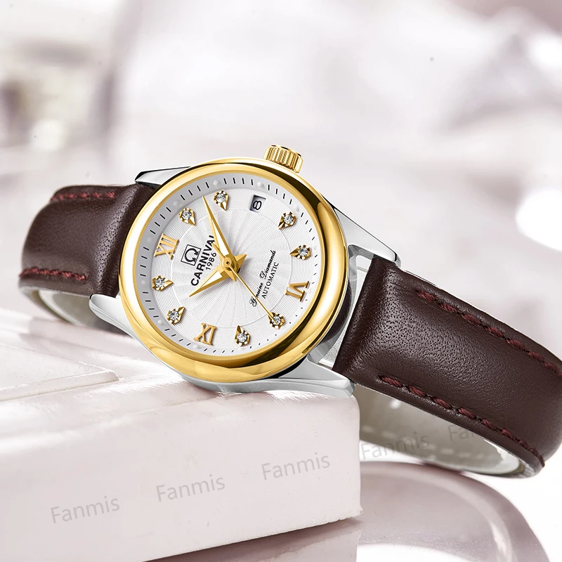 

Fahions Carnival Mechanical Watch Women Sapphire Leather Strap Waterproof Ladies Gold Wristwatch Windmill Relogio Feminino