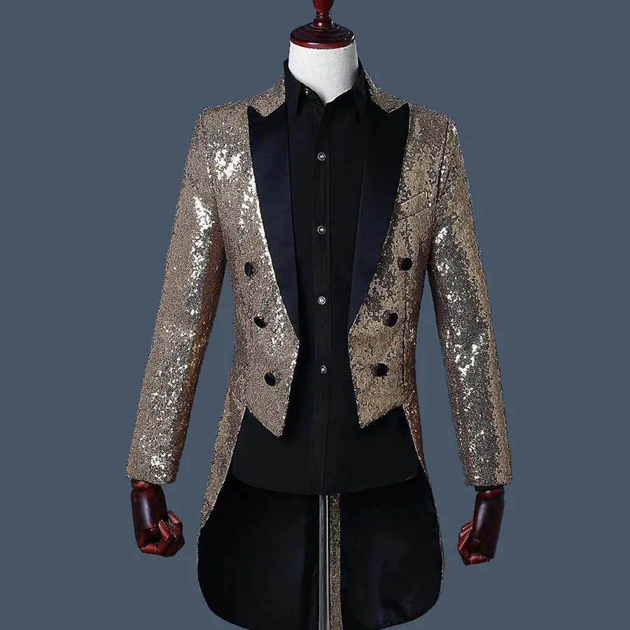Custom Royal Blue Tailcoat  Men's Classic Suit Sequin Male Blazer Jacket Men Suit Stage Show Performance Tuxedo Prom 2 Pieces