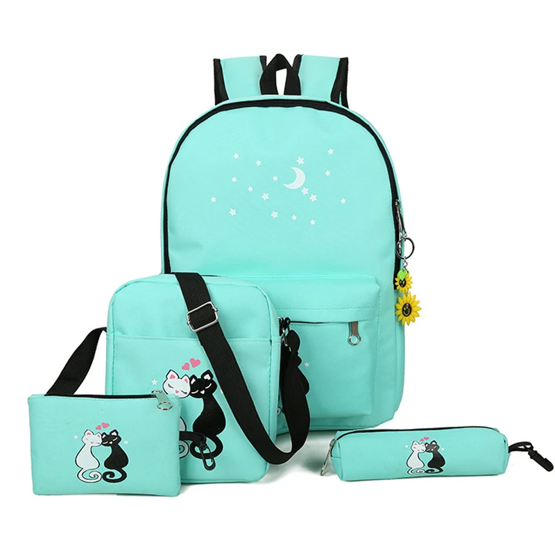 

Children Cute Cat Printing Backpack for Teenager School bags Women Rucksack Girl Shoulder Bag School bagpack 4 piece/set Bookbag