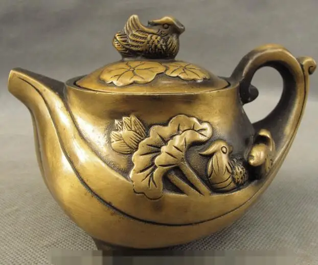 

S2130 Chinese Bronze Lotus Leaf Mandarin Duck Aix Galericulata Statue Wine Pot Teapot discount 30% (C0324)