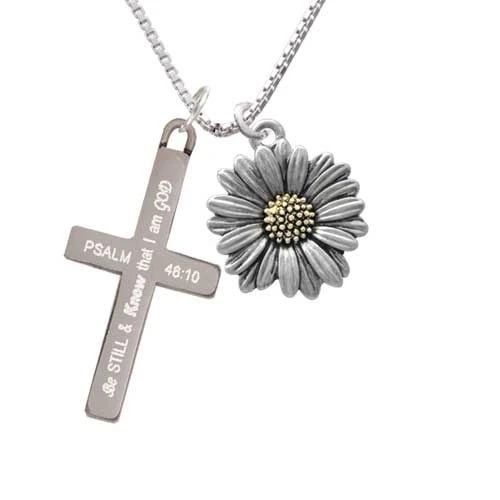 Large Two Tone Daisy Flower - Be Still and Know - Cross Necklace (1)