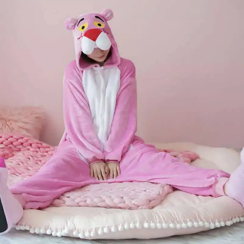 

2019 Cute pink panther Winter kigurumi onesies for women sloth combinaison pijama stich Cartoon onesie female Cosplay Christmas