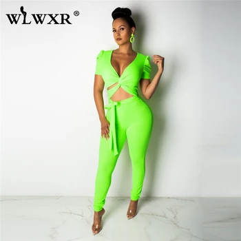 

WLWXR Summer Two Piece Set Women Tracksuit Hollow Out Knitted Suit Bodycon Crop Top and Pants Female Matching Sets Women Outfits