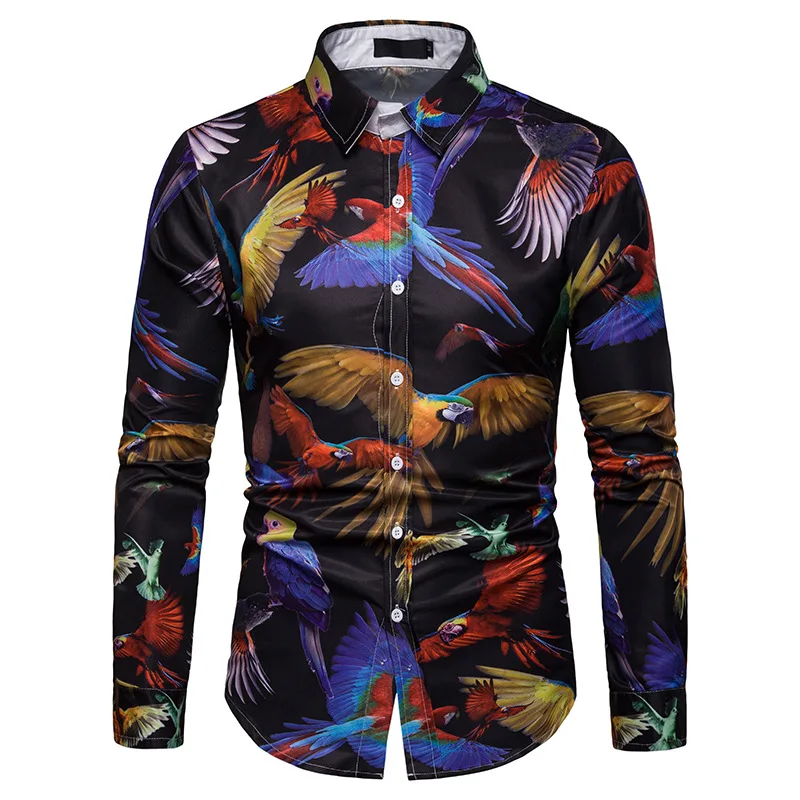 Новое поступление для мужчин рубашка модные 3d Красочные попугай печатных повседневное Slim Fit с длинным рукавом Гавайский Camiseta Masculina уличная