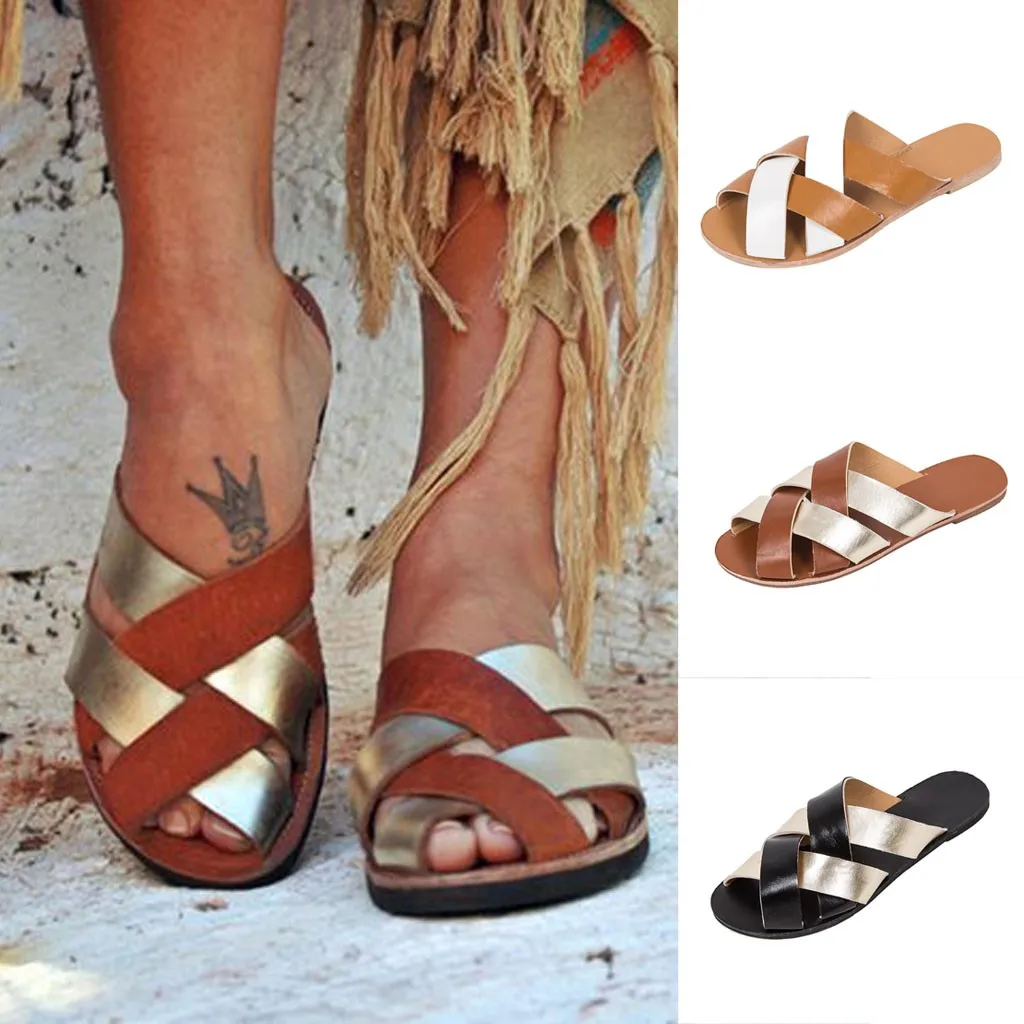

Women Summer Cross Sandals Slippers Color Flat Bottom Roman Fish Mouth Shoes summer slippers women 2019 flip flops women