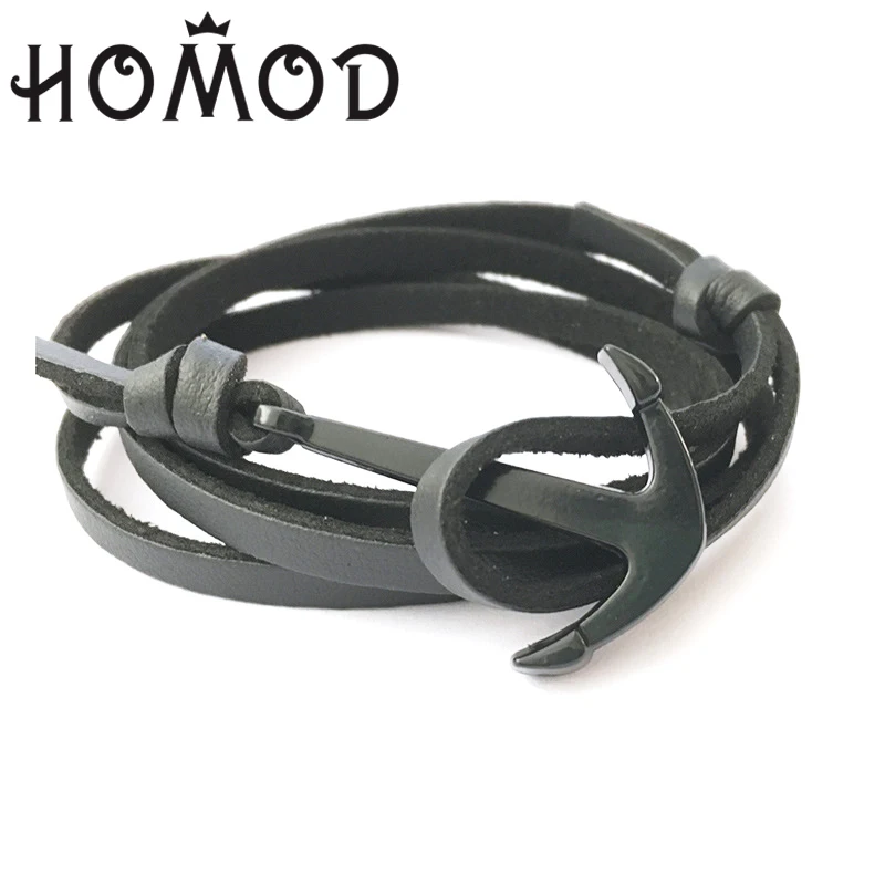 

HOMOD Hot Sell 1Pcs Multilayer Black Alloy Anchor Bracelet PU Leather Women Men Summer Beach Friendship Bracelets Pulseras