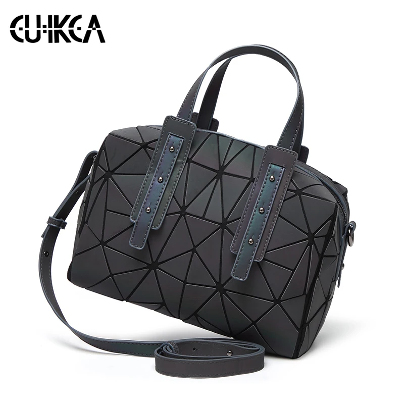 

CUIKCA Triangular block Stitching Luminous women handbag new famous brand Boston bag Hologram Lattice female shoulder bag