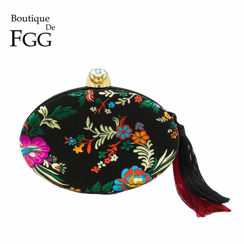 Boutique De FGG Chinese Style Embroidery Flower Women Black Satin Evening Bag Tassel Clutch Purse Wedding Party Shoulder Handbag