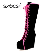 Пикантные модные женские сапоги В рыцарском стиле; 2 цвета; сапоги до колена на танкетке, увеличивающие рост, с круглым носком; женские лоскутные Сапоги на шнуровке; botas