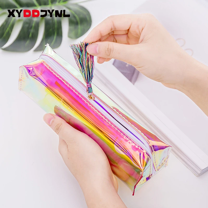 

Laser Pencils Bags Multicolor Large Capacity School Bag Tassel Zipper Pencil Case Kawaii Stationery Pouch Office School Supplies