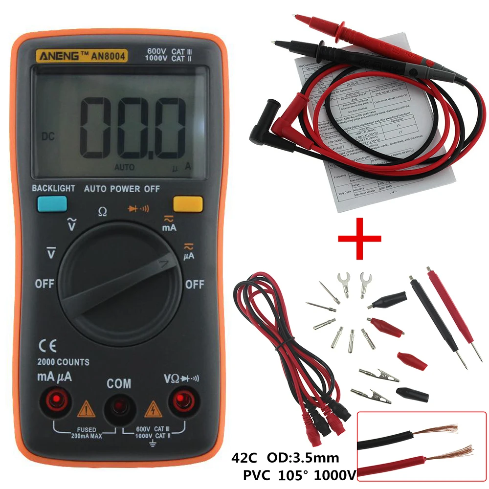 

LCD Digital multimeter AN8004 voltmeter ammeter resistance tester DC / AC 750/1000V and volt ohmmeter Crocodile clip test line