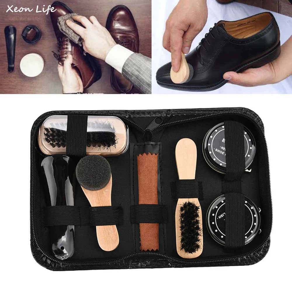 

Shoe Shine Care Kit Polish Cleaning Brushes Sponge Cloth Travel Set With Case Portable Case Set Neutral Polishing Tool To Father