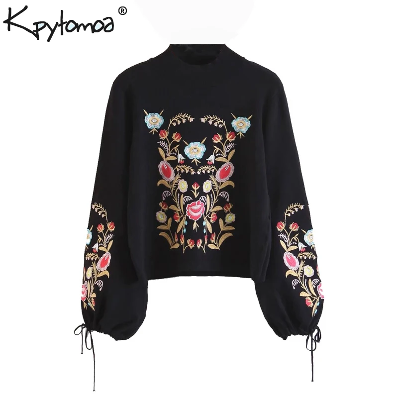 

Vintage Chic Floral Embroidery Knitted Sweater Women 2019 Fashion Turtleneck Bow Tie Sleeve Ladies Pullovers Casual Pull Mujer
