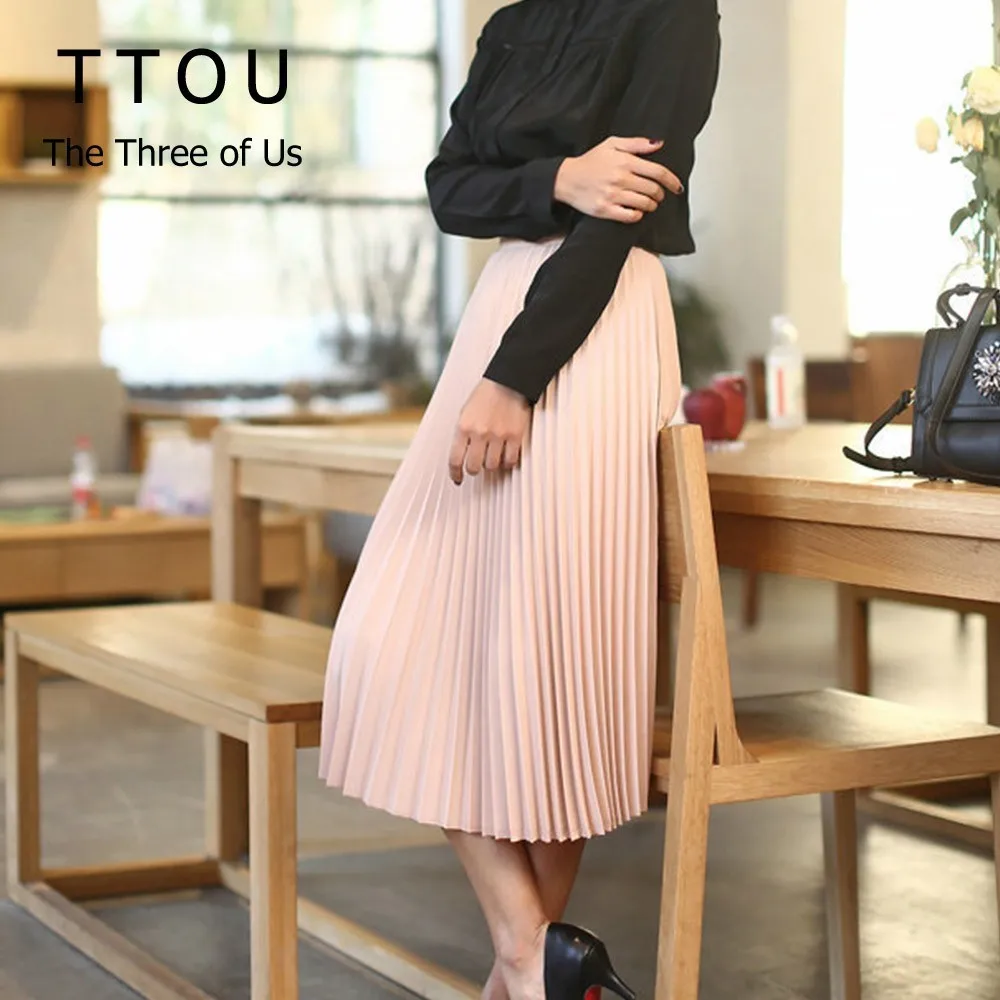

Spring Autumn Women Long Skirts Fashion Brand A-Line Ladies Pleated Skirts High Waist Quality Midi Skirt Faldas Mujer Saias