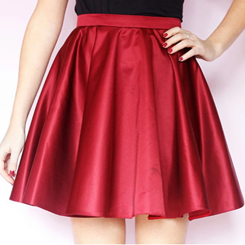 Dark Red Short Satin Skirts Waistband 