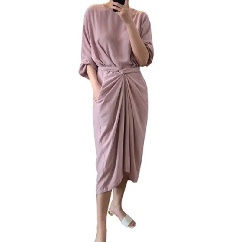 

2019 spring and summer new star with the same paragraph fresh temperament French wrap dress knotted waist smooth long skirt fema