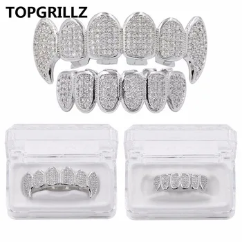 TOPGRILLZ New Fit Silver Plated CZ Micro Pave Top & Bottom GRILL SET Rhodium Teeth Grills Vampire Tooth Grillz 1