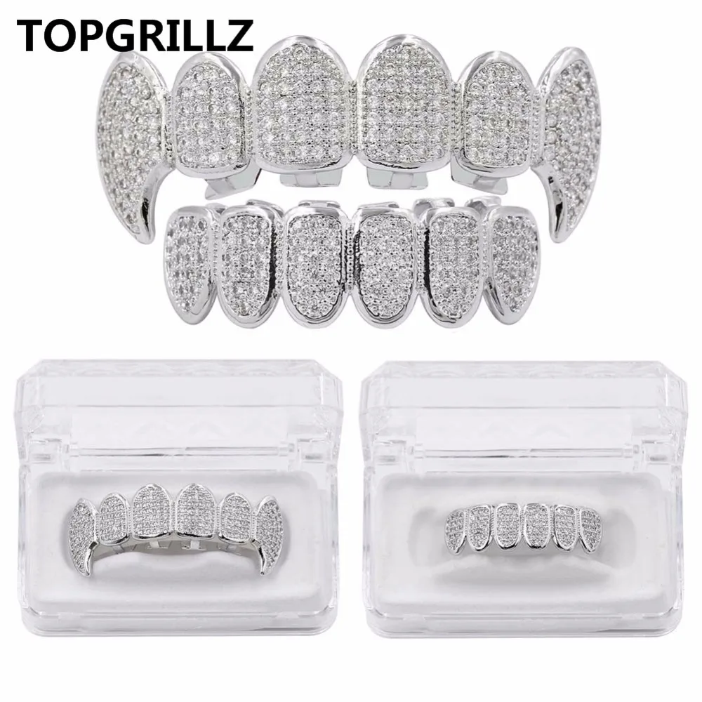 TOPGRILLZ Новый Fit посеребренный CZ микро проложить сверху и снизу гриль набор