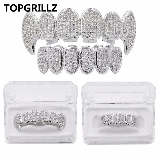 US $11.27 TOPGRILLZ New Custom Fit Silver Plated CZ Micro Pave Top & Bottom CUSTOM GRILL SET Rhodium Teeth Gr