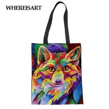 WHEREISART Топ Ручка Сумка женская холщовая хозяйственная сумка забавная Цветочная лиса печать рисунок сумка для девочек Дети Resuable плеча Bolsa