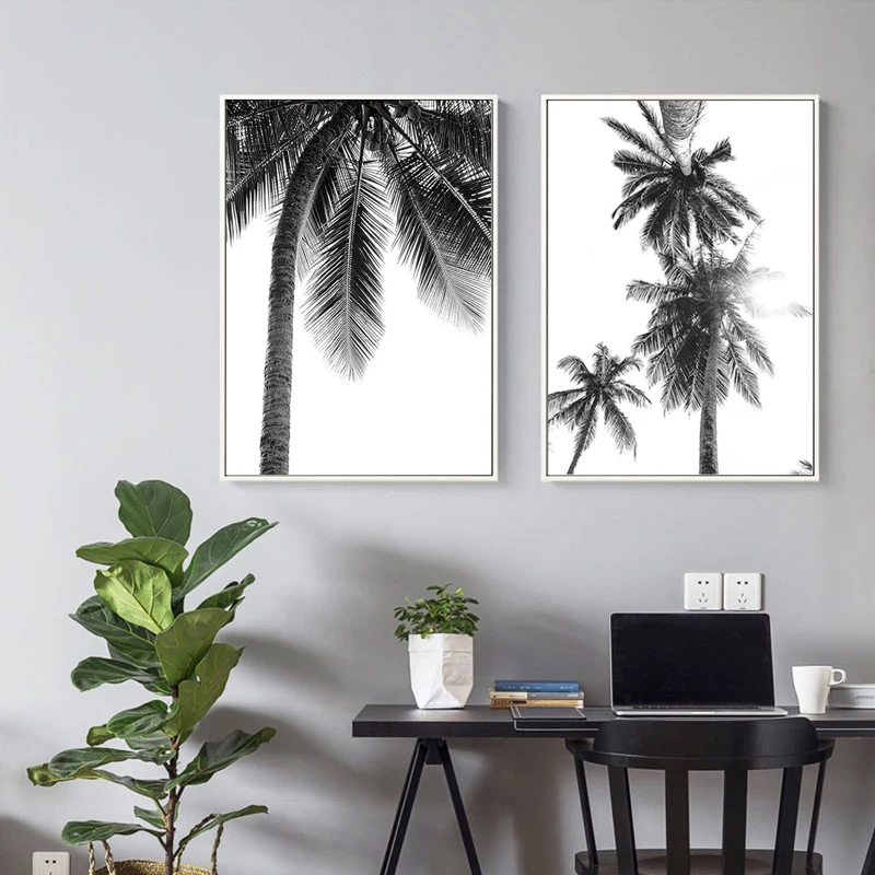 Nordic Tropical Palm Tree Canvas Painting Black White Beach Poster