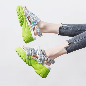 

2019 summer new platform sandals shoes women green black shoes 6.5cm heel lace-up wedge heel chunky women shoes