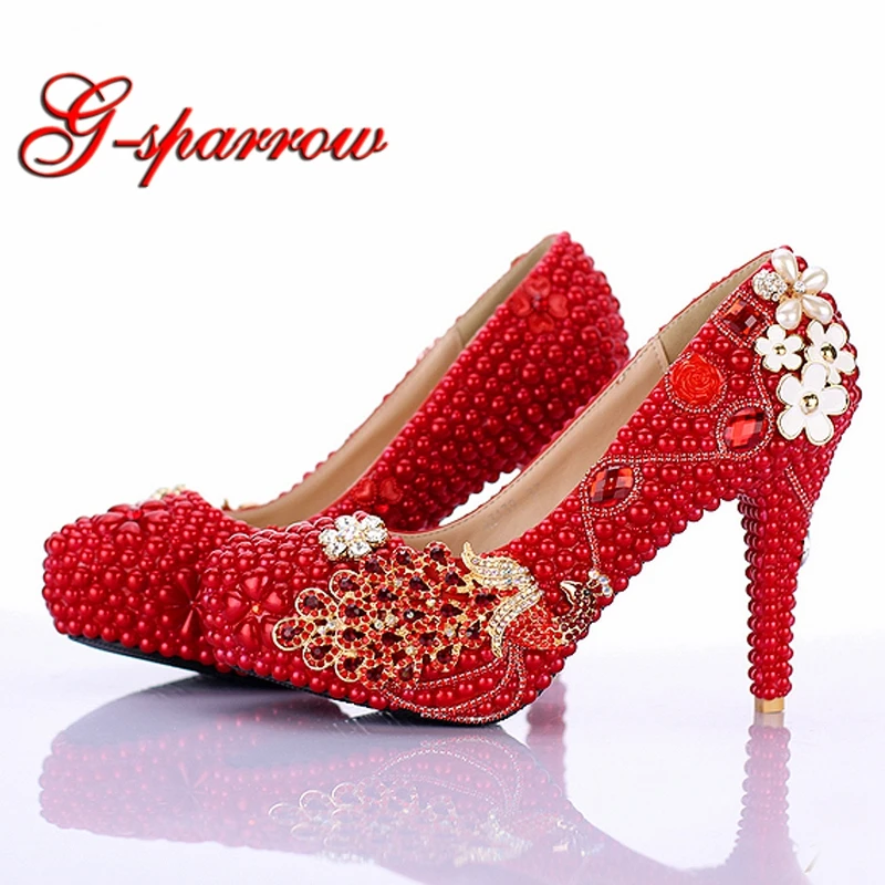 Red Pearl Bridal Shoes New Design Phoneix Girl Wedding Shoes 4 Inch High Heel Anniversary Party Pumps Birthday Party Shoes Women S Pumps Aliexpress
