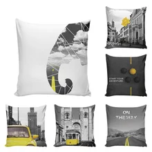 Negro Nórdico y blanco gris edificio estilo Retro amarillo Funda de globo personalidad funda de cojín vintage sofá Decoración