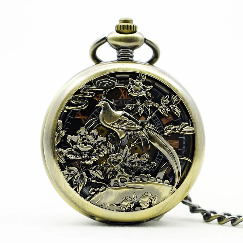 

Best Steampunk Antique Bronze Bird and Flower Skeleton Mechanical Pocket Watch Black Dial Pocket Watches for Men Women PJX1117