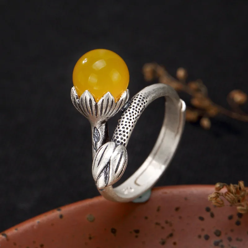 

fine silver inlaid restoring ancient ways chalcedony agate pomegranate red round bead wholesale ms lotus opening ring