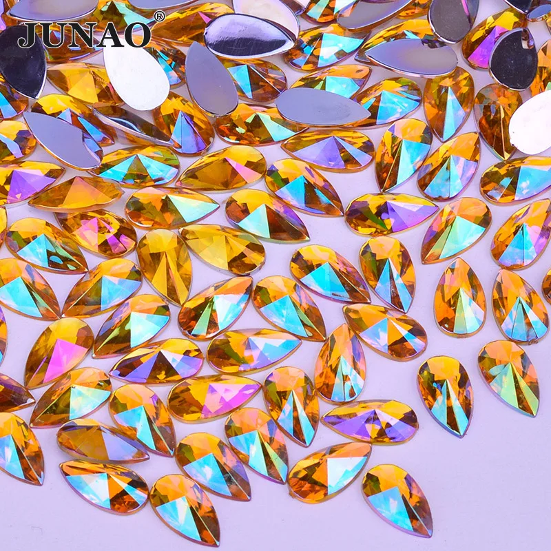 

JUNAO 9*18mm Yellow AB Crystal Drop Rhinestones Flatback Acrylic Crystal Stones Non Sewing Strass Crystal for Jewelry Crafts