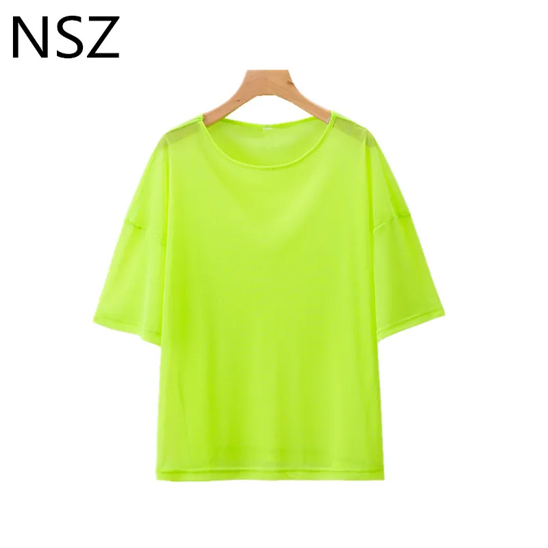 

NSZ Women Fluorescent Green Summer Mesh Top T Shirt Neon Color Beach Shirt Oversize t shirt Transparent Tee Shirt Femme