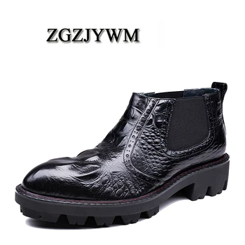 

ZGZJYWM Spring/Autumn Red/Black Crocodile Pattern Men's Genuine Leather Waterproof Men Shoes Elastic band Brogue Dress Boots