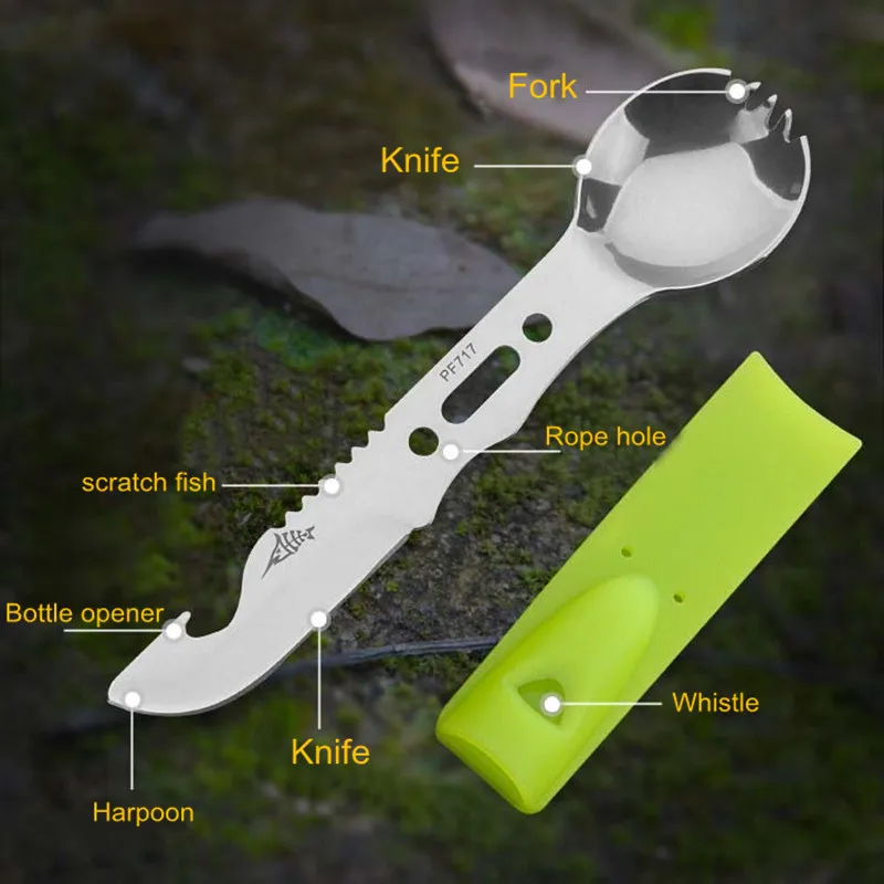 

Multi Functional Outdoor Camping Fork Spoon Knife with Whistle Survival for Fishing Knife and Spoon 2 In 1 Outdoor Tableware Set
